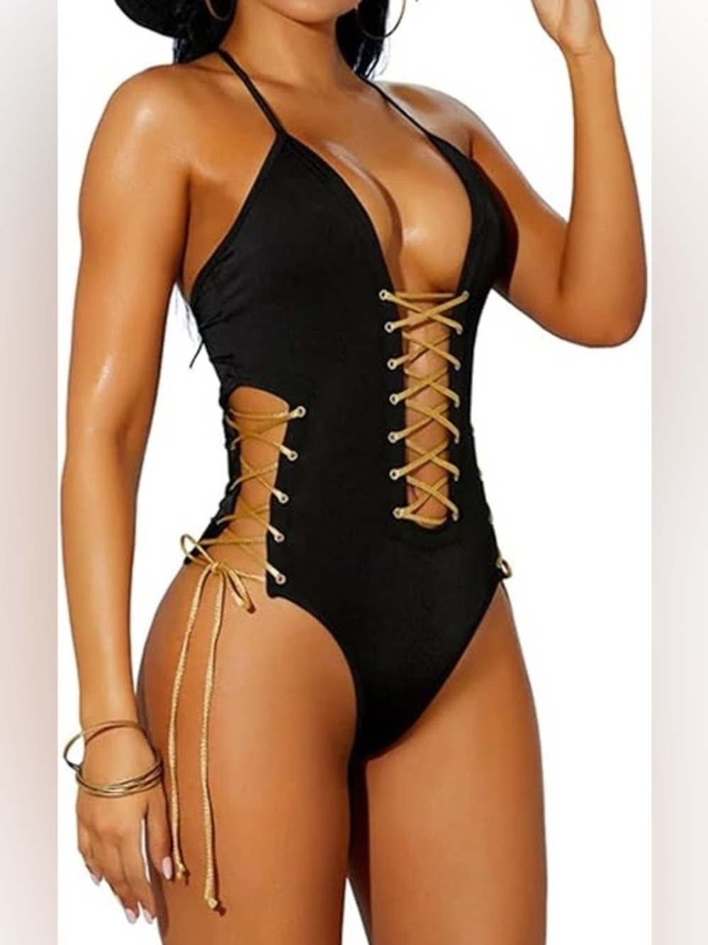 Elegant Moments Black and Gold Lingerie One Piece Bodysuit NWOT